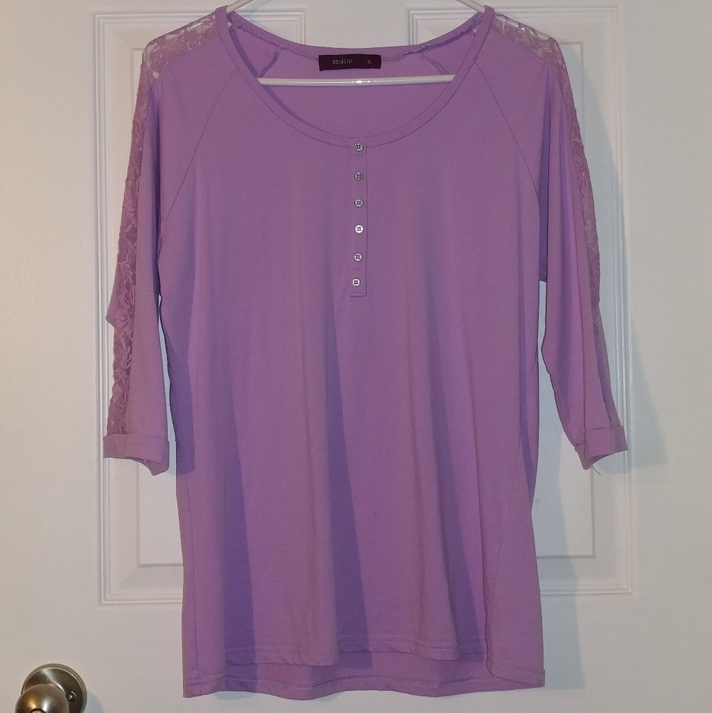 Doublju Lavendar 3/4 Sleeve Button Accent Top